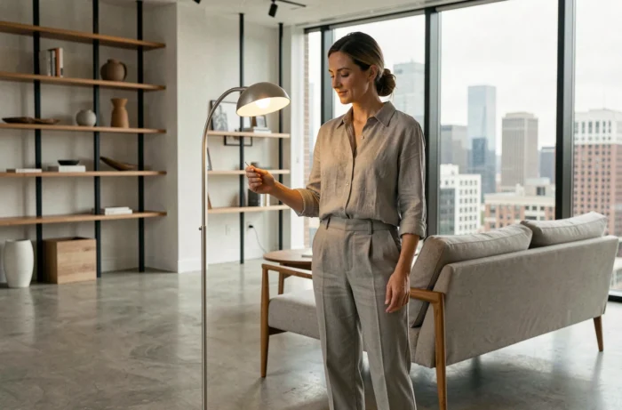 Femme inspectant un équipement design dans un salon moderne aux finitions épurées