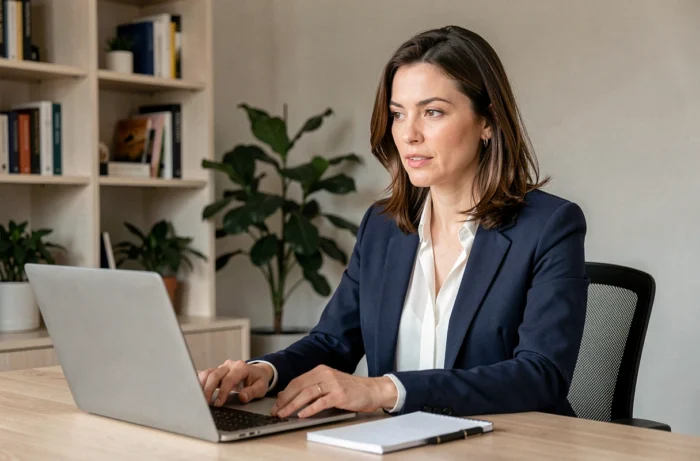 Femme professionnelle en télétravail participant à une formation recrutement à distance depuis son bureau à domicile