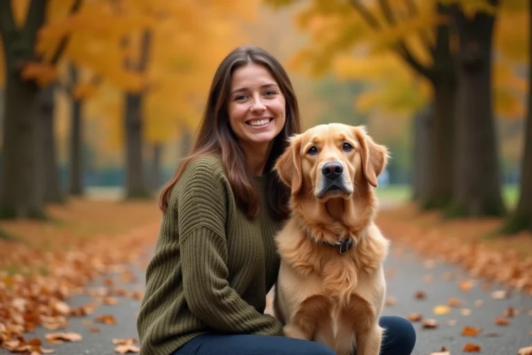 Femme souriante avec son golden retriever dans un parc en automne, feuilles dorées au sol, ambiance chaleureuse et naturelle