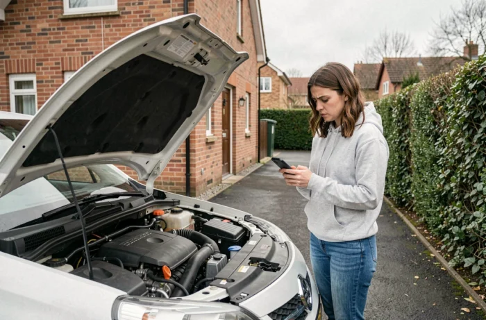 Femme inspectant le moteur de sa voiture après l'allumage du voyant orange suite à un plein de carburant