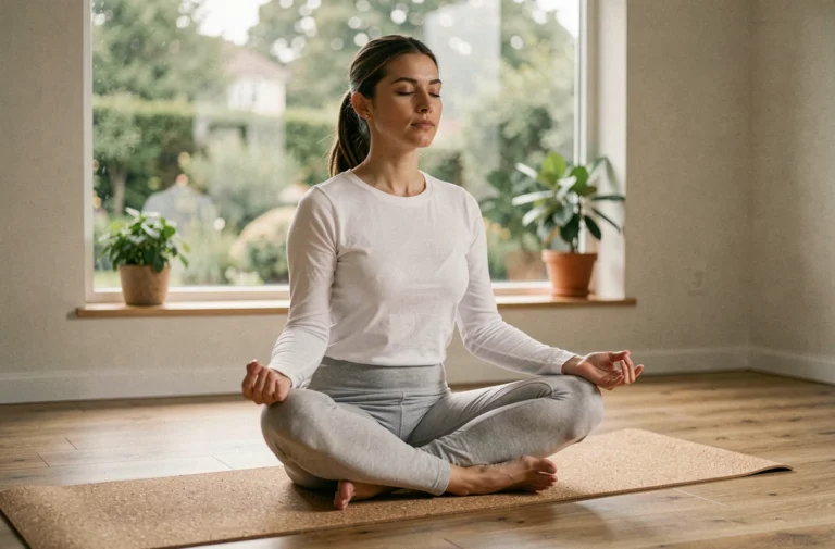 Femme pratiquant la méditation en position assise sur un tapis de yoga en liège dans un salon minimaliste lumineux