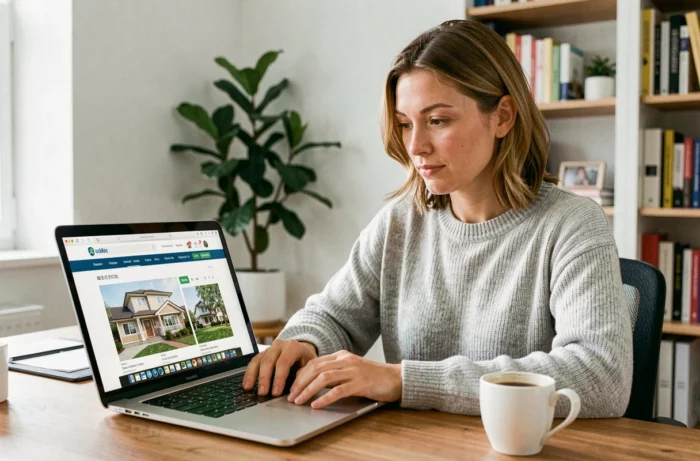 Femme parcourant un site immobilier sur son ordinateur portable dans un bureau à domicile