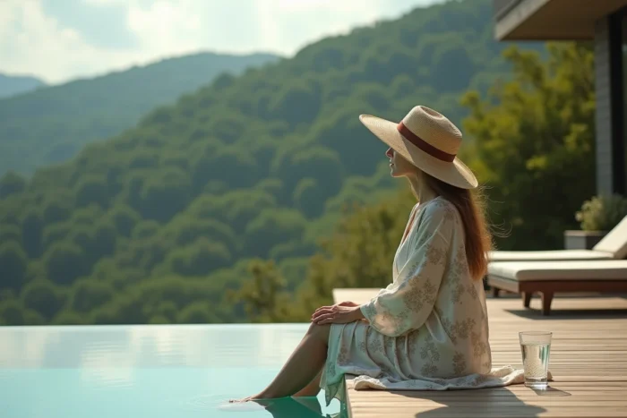 Femme élégante assise au bord d'une piscine à débordement avec vue sur jardin verdoyant