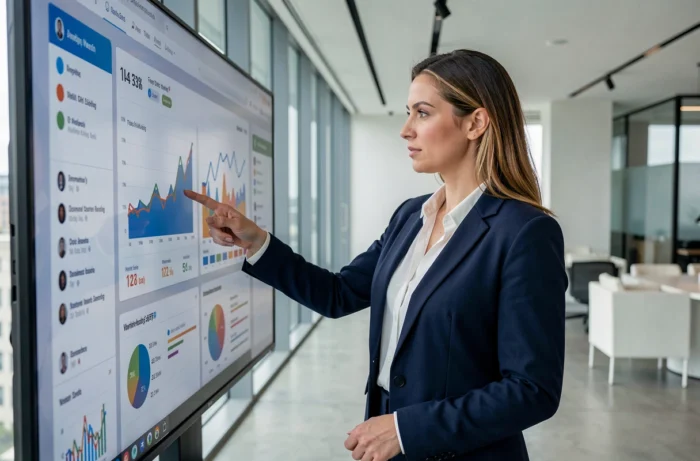 Femme professionnelle analysant des données analytiques sur un écran tactile dans un bureau moderne pour optimiser la visibilité digitale de son entreprise