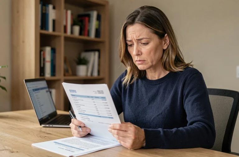 Femme consultant un relevé bancaire à son bureau pour comprendre un prélèvement Avanssur AXA