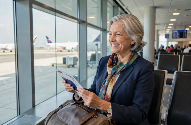 Femme senior souriante à l'aéroport tenant une carte d'embarquement Air France