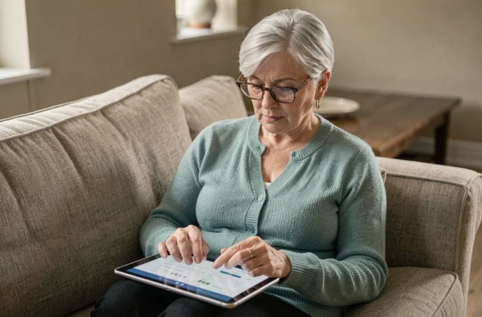Femme senior naviguant sur son espace personnel MyF via une tablette dans un salon