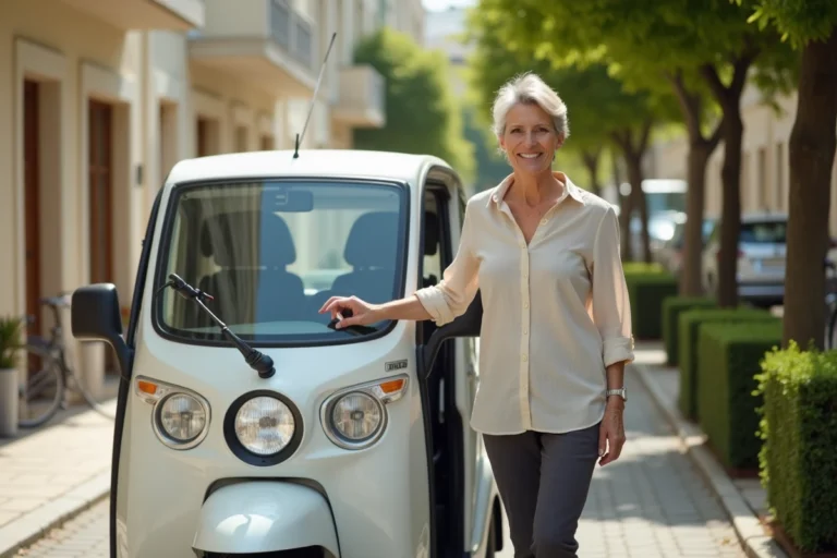 Femme senior sortant d'une voiture sans permis blanche dans un quartier résidentiel français