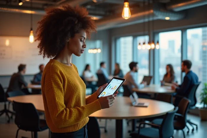 Femme professionnelle explorant des tendances web et innovations numériques sur tablette dans un espace de coworking moderne