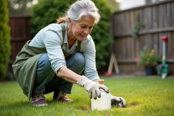 Femme versant du vinaigre blanc sur une pelouse jaunissante dans un jardin résidentiel