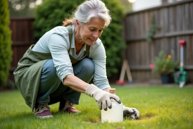 Femme versant du vinaigre blanc sur une pelouse jaunissante dans un jardin résidentiel