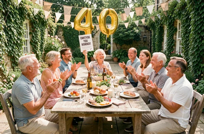 Famille réunie en plein air pour célébrer 40 ans de mariage avec discours humoristique et décoration festive