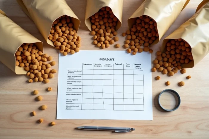 Vue aérienne d'un tableau comparatif manuscrit entouré de sacs de croquettes pour chien ouverts sur une table en bois