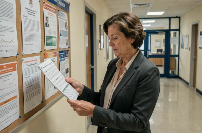 Fonctionnaire féminine lisant une fiche d'information sur la retraite dans un couloir d'administration publique