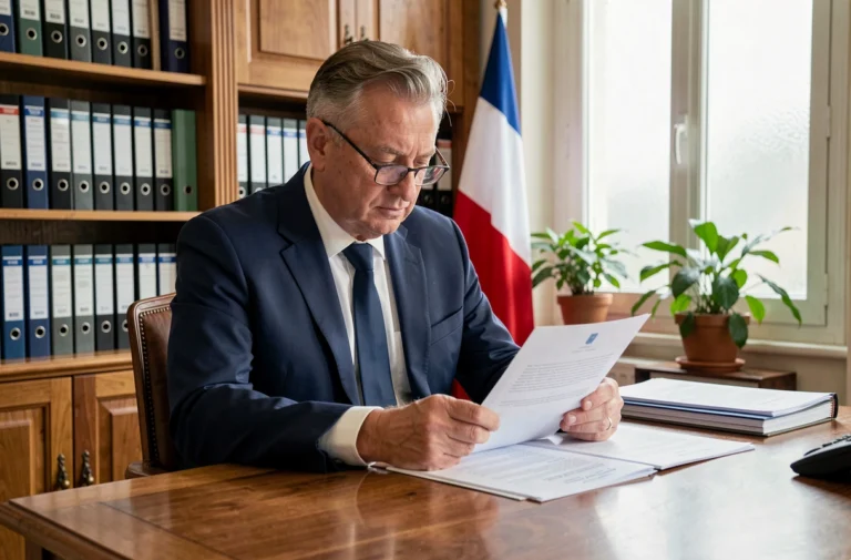 Fonctionnaire masculin d'âge mûr consultant des documents de retraite dans un bureau administratif officiel