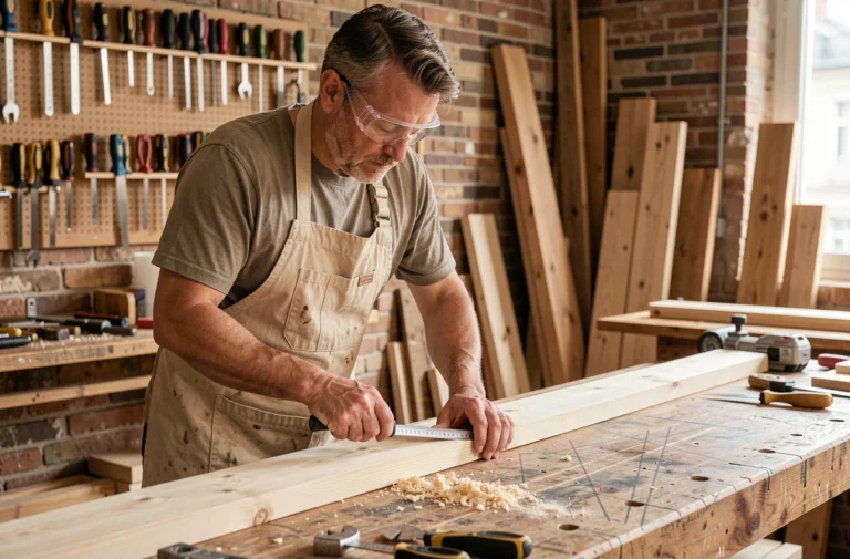 Homme adulte mesurant une planche en bois dans un atelier de bricolage à Lyon, portant des lunettes de protection et un tablier
