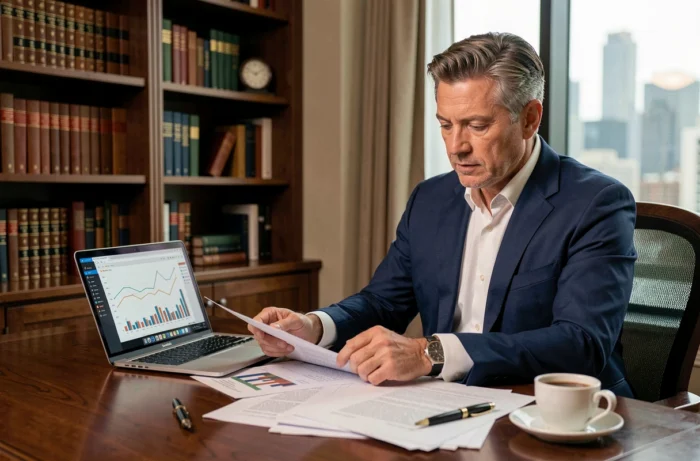 Un homme d'affaires en costume marine examine des documents financiers et des graphiques sur un ordinateur portable dans un bureau élégant
