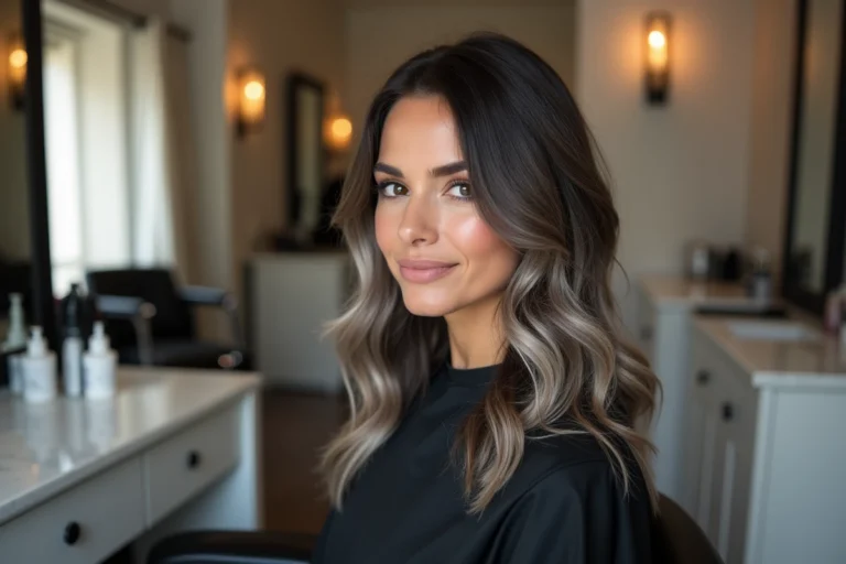 Femme aux cheveux bruns avec un grey blending naturel et harmonieux, coiffée en salon de coiffure
