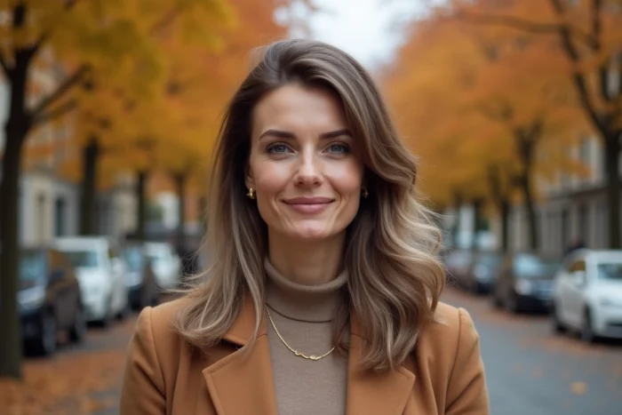 Femme aux cheveux châtains avec grey blending argenté en extérieur, ambiance automne urbain
