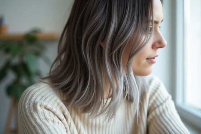 Gros plan sur un grey blending réalisé sur cheveux bruns foncés, dégradé naturel du brun au gris argenté