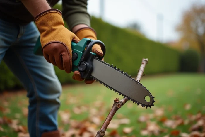 Gros plan sur des mains gantées tenant une élagueuse sans fil dans un jardin en automne