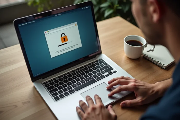 Gros plan d'un ordinateur portable affichant un message d'URL masquée pour la sécurité dans un café