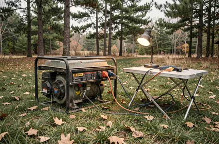 Groupe électrogène en fonctionnement sur un chantier extérieur en forêt, alimentant des outils électriques via des rallonges