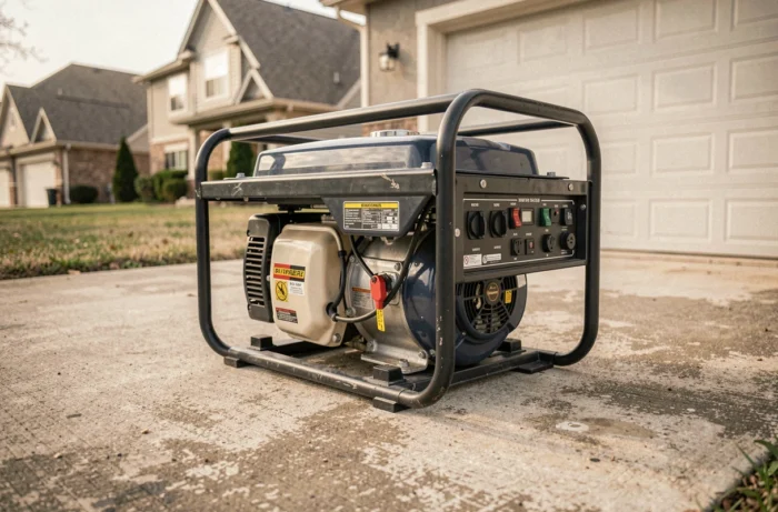 Groupe électrogène portable posé sur une allée en béton devant un garage résidentiel, montrant le cadre métallique robuste et le panneau de commande