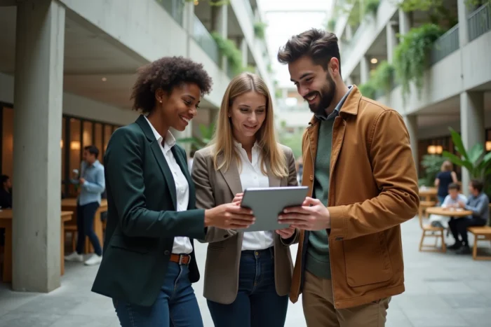 Groupe d'étudiants de Kedge Business School discutant des coûts de formation et des frais de scolarité sur un campus moderne