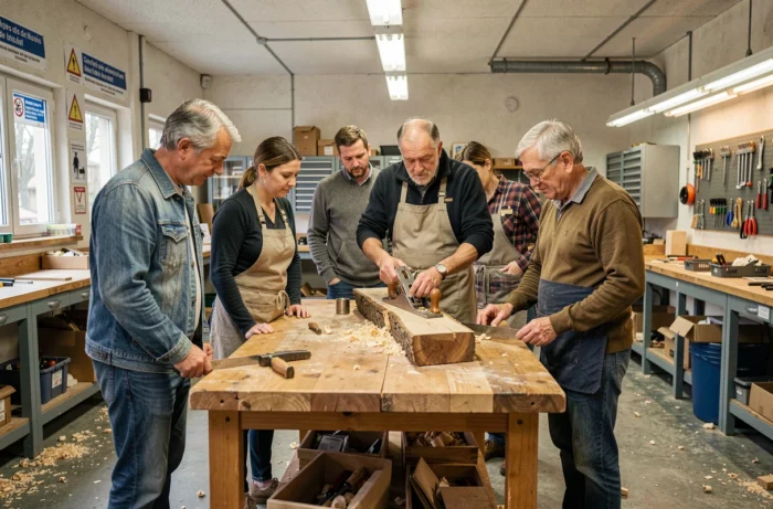 Groupe d'adultes assistant à un cours de bricolage animé par un formateur dans un atelier communautaire à Lyon