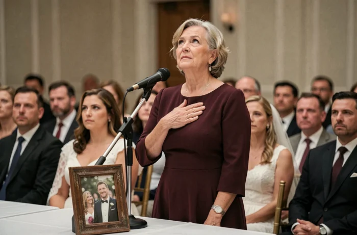 Une mère rend hommage à un proche absent lors du discours de mariage, main sur le cœur, une photo encadrée posée sur la table à côté d'elle.