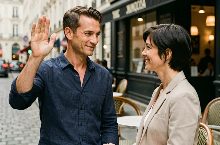 Un homme souriant qui dit bonjour à une femme dans un café parisien en terrasse