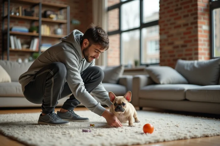 Jeune homme jouant avec un chiot bouledogue français dans un appartement moderne, tapis crème et jouets pour chien au sol
