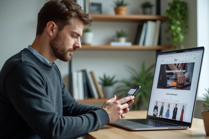 Homme comparant un site e-commerce sur smartphone et ordinateur portable dans un bureau à domicile