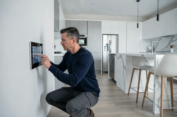 Homme utilisant un panneau domotique intégré dans une cuisine moderne équipée