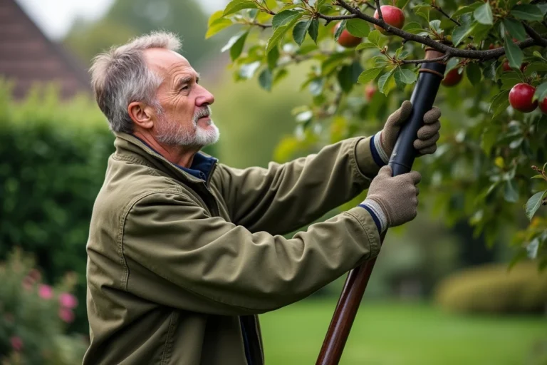 Homme utilisant une élagueuse à perche pour tailler les branches d'un pommier dans un jardin français