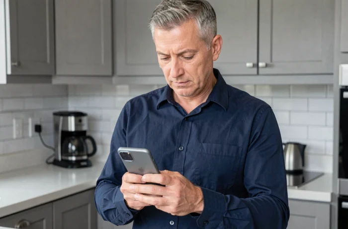 Homme gérant son compte MyF depuis un smartphone dans une cuisine moderne