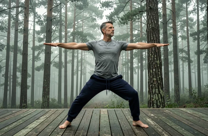 Homme en posture Guerrier II sur une terrasse en bois entourée d'une forêt brumeuse lors d'une séance de yoga en plein air