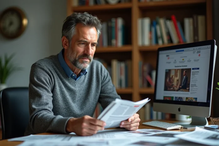 Homme lisant les actualités du moment sur ordinateur et journaux imprimés à domicile
