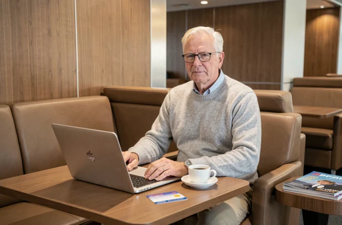 Homme senior dans un salon VIP d'aéroport avec sa carte fidélité Air France