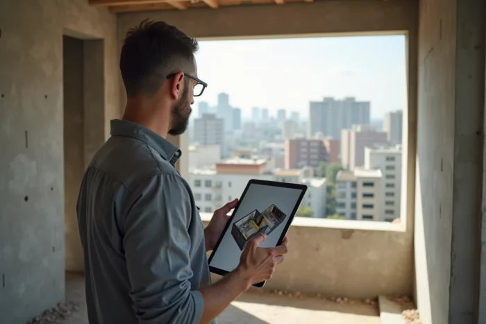 Homme consultant un plan 3D sur tablette dans un appartement en rénovation lors d'un projet immobilier personnalisé