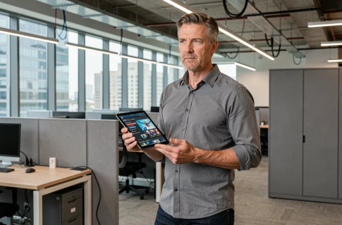 Homme tenant une tablette avec actualités informatiques dans un bureau open space professionnel et moderne