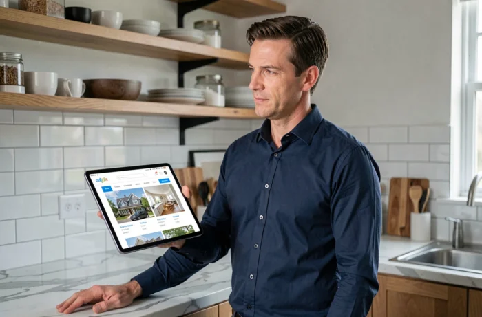 Homme consultant les rubriques d'un site habitat sur une tablette dans une cuisine moderne
