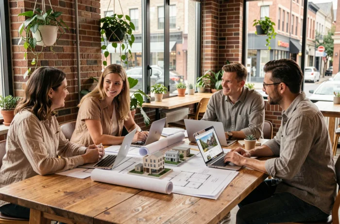 Groupe de professionnels collaborant autour de plans immobiliers dans un espace de coworking moderne