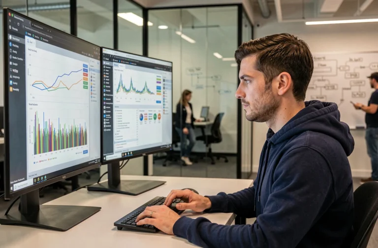 Ingénieur logiciel analysant des tableaux de bord de tests de charge web sur plusieurs écrans dans un bureau moderne