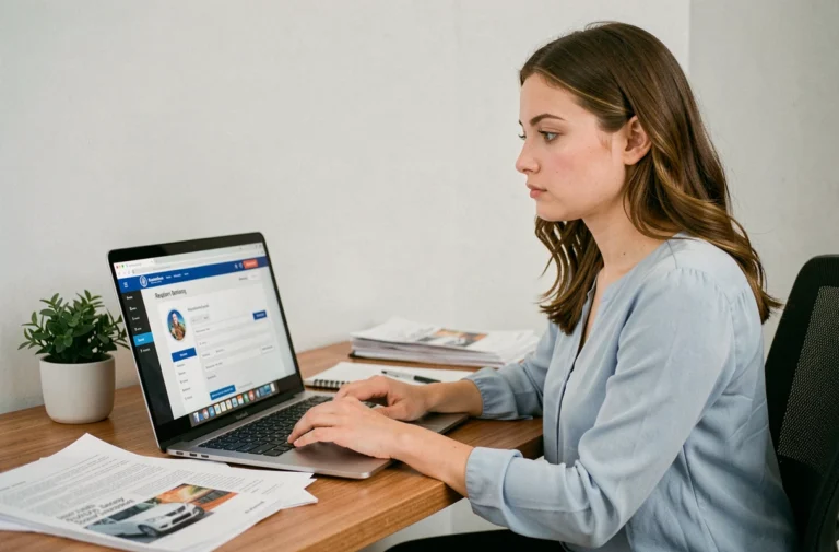Jeune femme inscrivant son dossier sur Candilib depuis un ordinateur portable à son bureau à domicile
