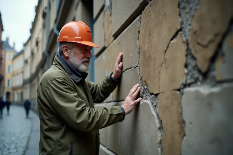 Inspecteur de bâtiment examinant des fissures et des taches d'humidité sur une façade en pierre après un hiver humide