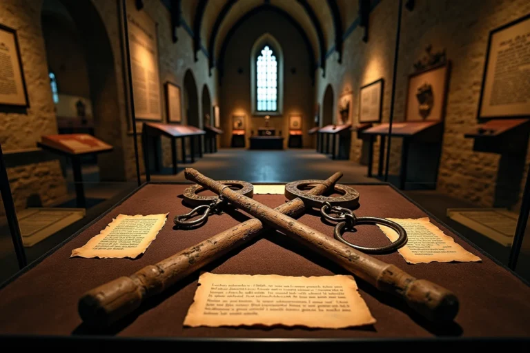 Vitrine muséale présentant des instruments de torture médiévaux en fer rouillé sur velours sombre dans un musée à architecture gothique