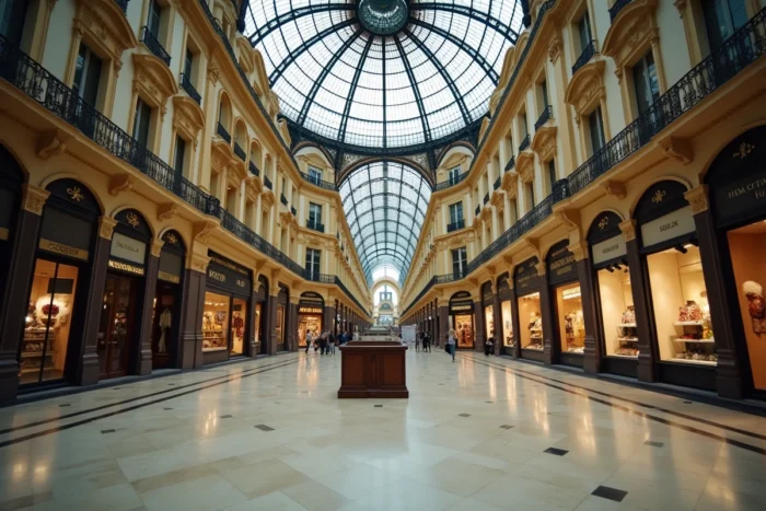 Intérieur des Galeries Lafayette avec la célèbre coupole en verre et les étages désertés lors d'une fermeture de magasin