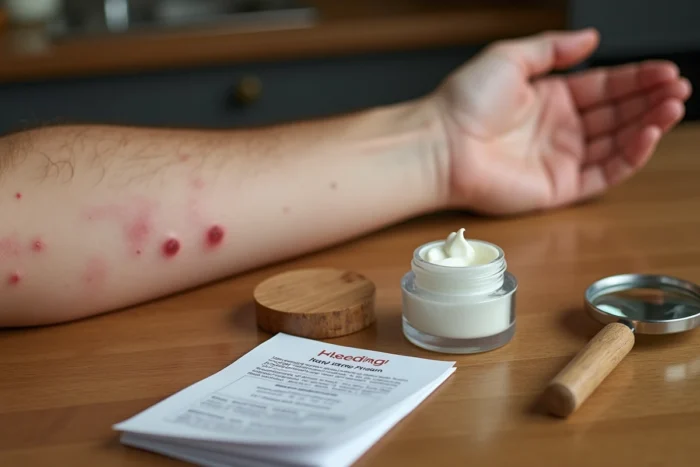 Gros plan sur un avant-bras irrité avec des rougeurs typiques de la galle du chêne et une crème apaisante posée sur une table en bois